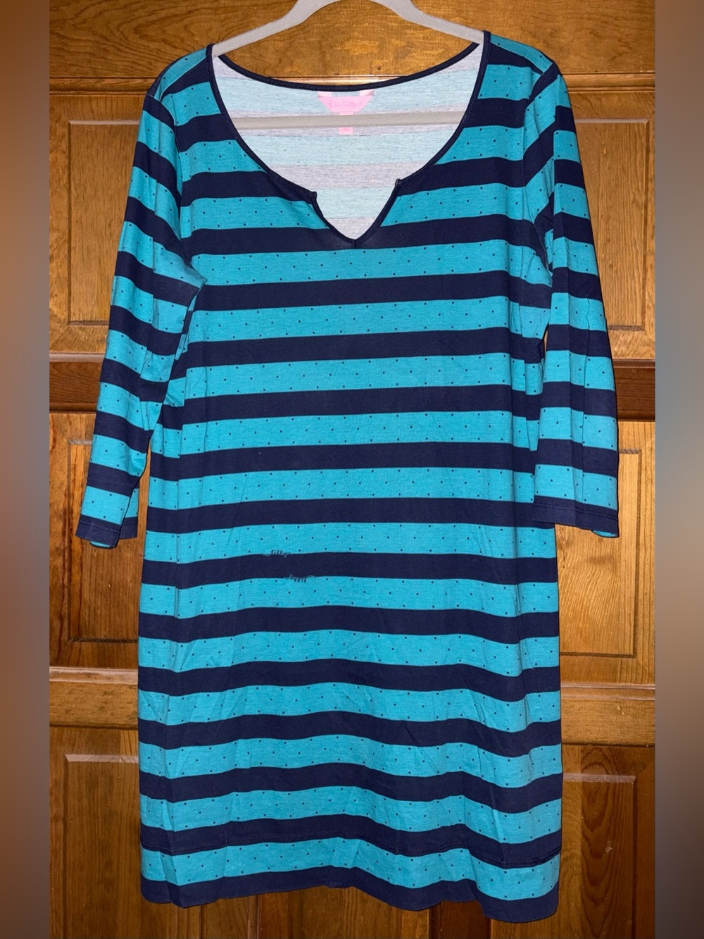 Lilly Pulitzer Teal Navy Striped 3/4 Sleeve Shift Dress Lightweight Scoop Neck